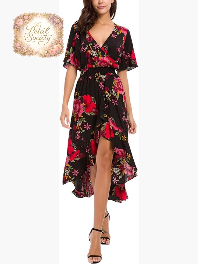 Short Sleeve V-Neck Maxi Dress Flowy High Low Party Long Dresses
